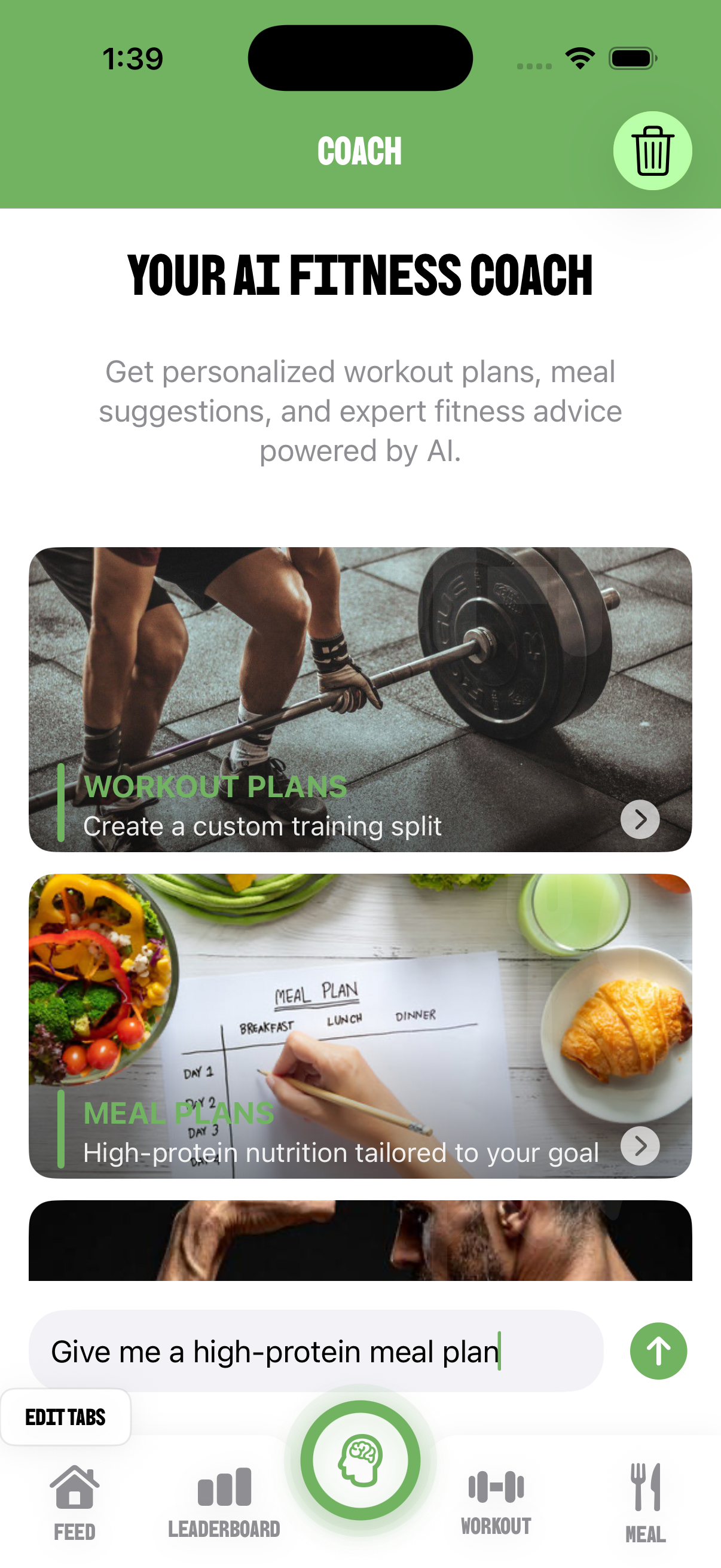 PrideAI Coach screen — AI fitness coaching with workout and meal plan cards